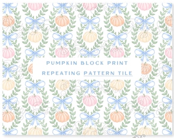 Pumpkin Bow Block print Seamless Repeating Pattern Tile, Fall Pumpkin fabric print, Pretty Autumn Repeating Pattern, Preppy Fall Pattern 092