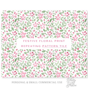 Christmas Watercolor Pink Floral Block print Seamless Repeating Pattern Tile, Christmas Ditsy fabric print, Preppy Winter Repeat 079