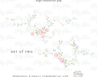 Delicate Chintz Wildflower Wreaths set of two, rose and forget-me-not Wreath Frame Clipart Set, Preppy Grand Millennial Monogram crest 093