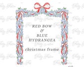 Hydrangea & Red Bow Floral Christmas Border Frame Watercolor, preppy bow border, grandmillennial, Christmas Holiday photo cards 175