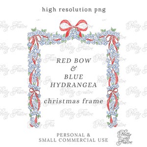 Op de afbeelding: Een rechthoekig kerstkaderontwerp met rode strikken, blauwe hortensiabloemen en rode linten. De tekst bevat "RED BOW & BLUE HYDRANGEA christmas frame". De afbeelding is een PNG met hoge resolutie.