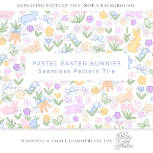 Op de afbeelding: Een naadloze patroontegel met pastelkleurige paaseieren, bloemen, vlinders, wortels en eieren op een witte achtergrond. De tekst "PASTEL EASTER BUNNIES Seamless Pattern Tile" wordt weergegeven in een blauwe doos.