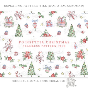 Hand Drawn Watercolor Christmas Seamless Pattern White, Tree, Candy, Poinsettia, Presents Gifts, Preppy Fabric Print, Grand Millennial 144
