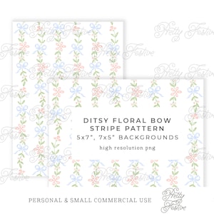 7x5 Bow and Floral Ditsy Stripe Printable Backgrounds, Blockprint Pattern Background, Personalized Stationery, Preppy Pattern 084