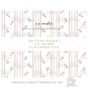 May include: A seamless pattern featuring pink and green stripes with small pink flowers and the text "Pretty Festive" repeated throughout. The pattern repeats every 2.5 inches.