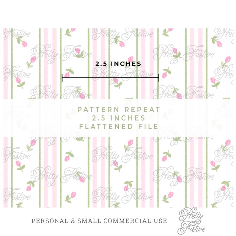 May include: A seamless pattern featuring pink and green stripes with small pink flowers and the text "Pretty Festive" repeated throughout. The pattern repeats every 2.5 inches.