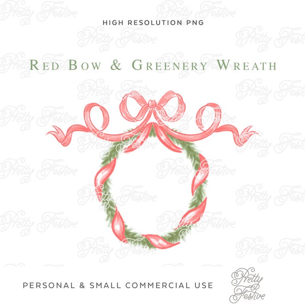 Red Ribbon & Bow Christmas Wreath Clipart, Bow Boxwood Wreath design for monogrammed stationery, gift tags, grandmillenal preppy style 075
