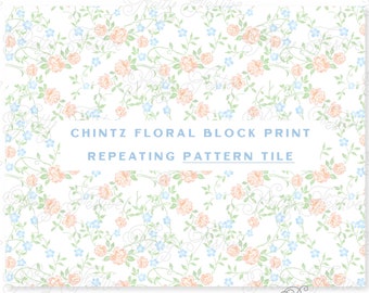 Peach and Blue Floral Repeating Pattern, Chintz Trellis Block Print Seamless Print, Heirloom Pattern for fabric, personalized stationery 093