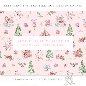Illustrated Watercolor Christmas Seamless Pattern Pink, Tree, Candy, Poinsettia, Presents Gifts, Preppy Fabric Print, Grand Millennial 144