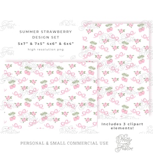 Strawberry Bow Pattern and strawberry clipart elements design kit. 5x7 & 4x6 pattern invitations, personalised stationery, notecards 048