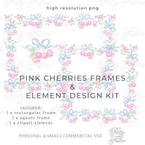 Pink Cherries & Blue Bows Watercolour Frames Borders Clipart Set, Grandmillenial Personalized Heirloom Stationery, Party Invitations 169