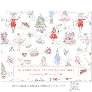 Christmas Nutcracker Ballet Seamless Repeating Pattern, Clara, Mouse King, Ballerina, Nutcracker Fabric Print, Preppy Grand Millennial 144