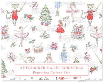 Christmas Nutcracker Ballet Seamless Repeating Pattern, Clara, Mouse King, Ballerina, Nutcracker Fabric Print, Preppy Grand Millennial 144