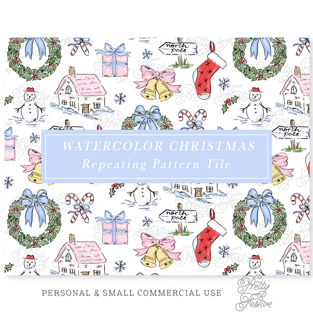 Preppy Watercolor Christmas Repeating Pattern, Christmas Cottage ...