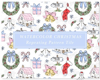 Preppy Watercolor Christmas Repeating Pattern, Christmas Cottage, Snowman, Wreath, Stocking, Gifts Seamless, Blue Pink Grandmillennial 139