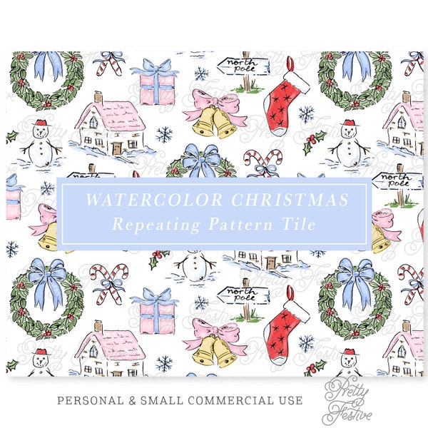Preppy Watercolor Christmas Repeating Pattern, Christmas Cottage, Snowman, Wreath, Stocking, Gifts Seamless, Blue Pink Grandmillennial 139