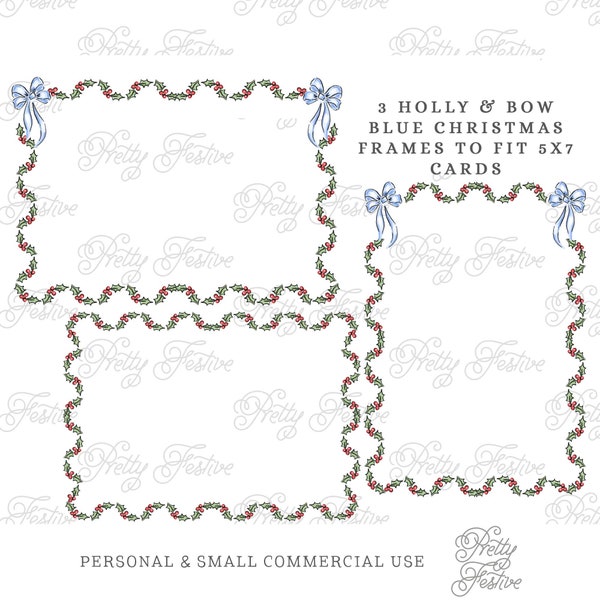 Blue Christmas Bow Scalloped Frame Set of 3, Holly Berries, Blue Scallop Border Ribbon Printable, Holiday cards Hanukkah stationery 139