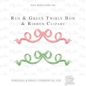 Christmas Red & Green Twirly Bow Clipart, Watercolor Winter Bows clipart png, Ribbon design, Grandmillennial Bow, invites, monogram 075