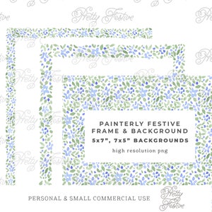 Blue Painterly Festive 5x7" Floral Frame and Background Set, watercolor floral printable patterned background for printable invitations 079