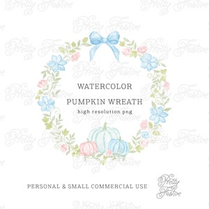 Watercolor Pumpkin Wreath, Pink Blue Pumpkin Frame Border, Cute Halloween, Thanksgiving Party Invite, Grandmillenial Preppy Fall 135