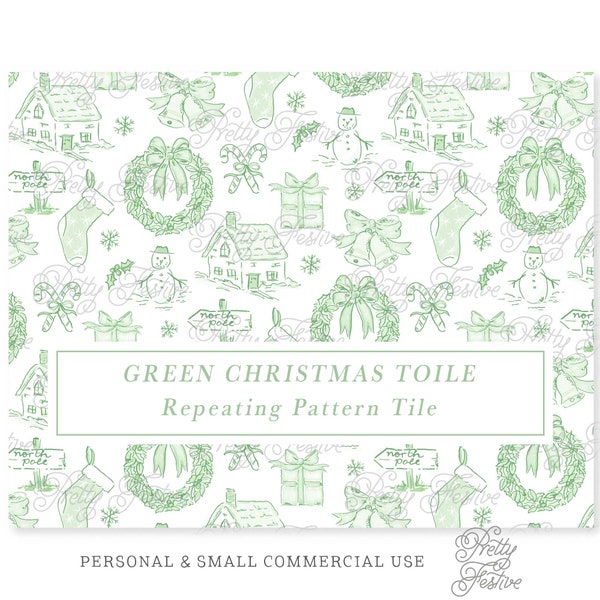 Green Toile Christmas Seamless Repeating Pattern, Preppy Grand Millennial, Christmas Cottage, Snowman, Wreath, Stocking, Blue White Xmas 139