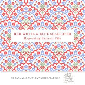 May include: Red, white and blue scalloped repeating pattern tile with a floral design. The text "RED WHITE & BLUE SCALLOPED Repeating Pattern Tile" is in the centre of the image. The text "PERSONAL & SMALL COMMERCIAL USE" is at the bottom of the image. The text "Pretty Festive" is in the bottom right corner of the image.