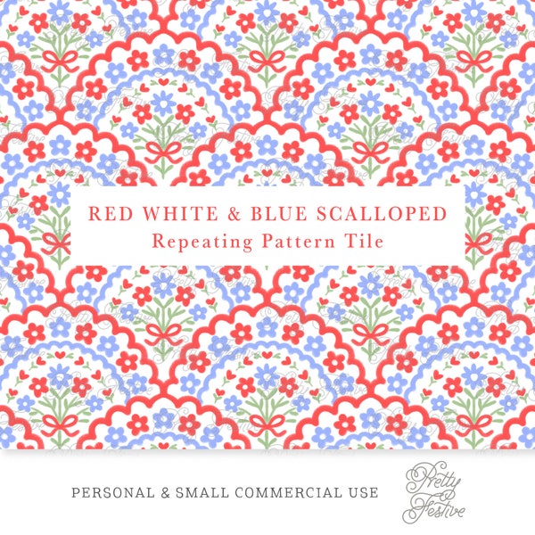 4th July Preppy Scalloped Floral Bow Rainbow Seamless Repeating Pattern Tile, Red Blue Ditsy Scallop Heirloom fabric print, stationery 150