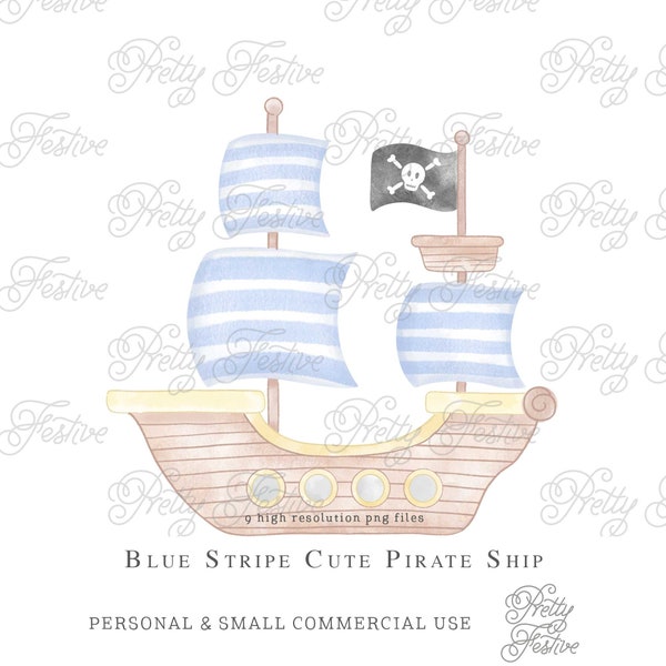 Watercolor Blue Preppy Pirate Ship Clipart, Cute Pirate Illustration for little boys invitation grandmillenial 085