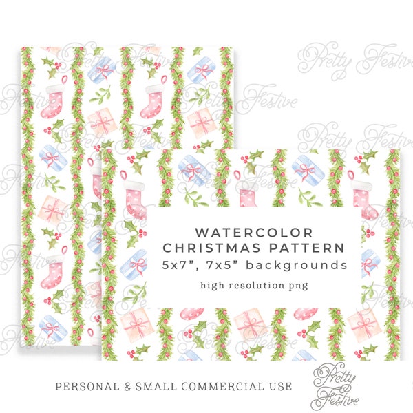 Preppy Watercolor Christmas Pattern Backgrounds 5x7" 7x5" printable card template, monogram stationery, hand painted holiday card 086