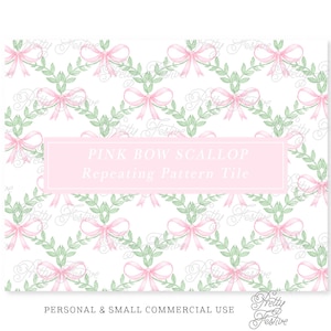 Vintage Scallop Pink Bow Seamless Repeating Pattern Tile Trellis Repeat fabric print, grand millennial blockprint, stationery gift wrap 136