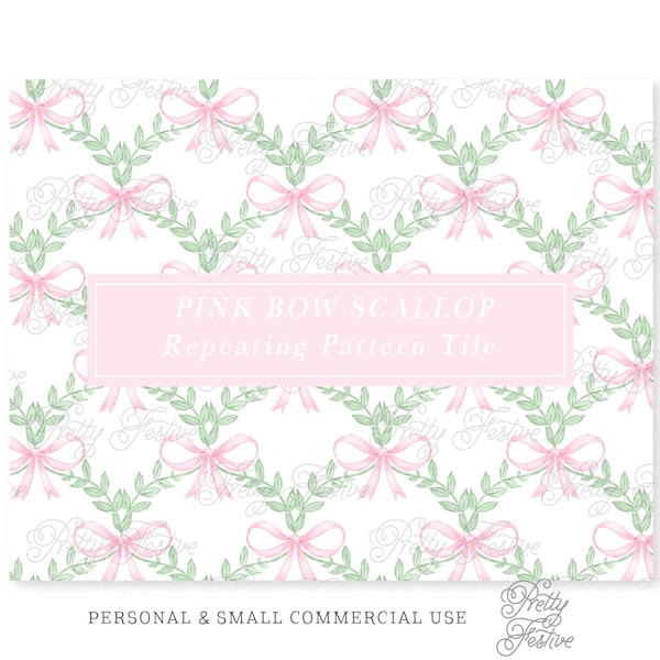 Vintage Scallop Pink Bow Seamless Repeating Pattern Tile Trellis Repeat fabric print, grand millennial blockprint, stationery gift wrap 136