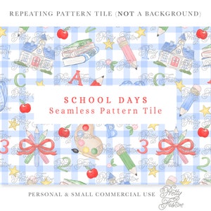 Preppy Blue Gingham School Days Seamless Fabric Print, Repeating Pattern , Preppy Grandmillennial, First Day of School, stationery 156