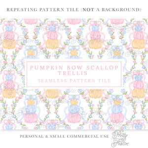 Pastel Pumpkin Stack Bow with Scalloped Trellis Florals Seamless Repeating Pattern, Preppy Pumpkin fabric print, Preppy Fall Pattern 159