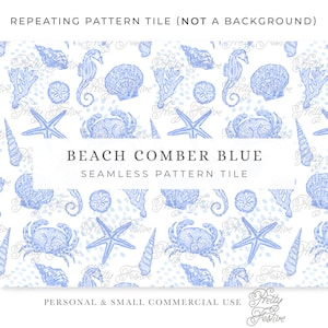 Coastal Blue Seashells Beach Seamless Repeating Pattern, Hand Drawn Blue Seashells, Crab, Starfish, Seahorse, Sand Dollar pattern 178