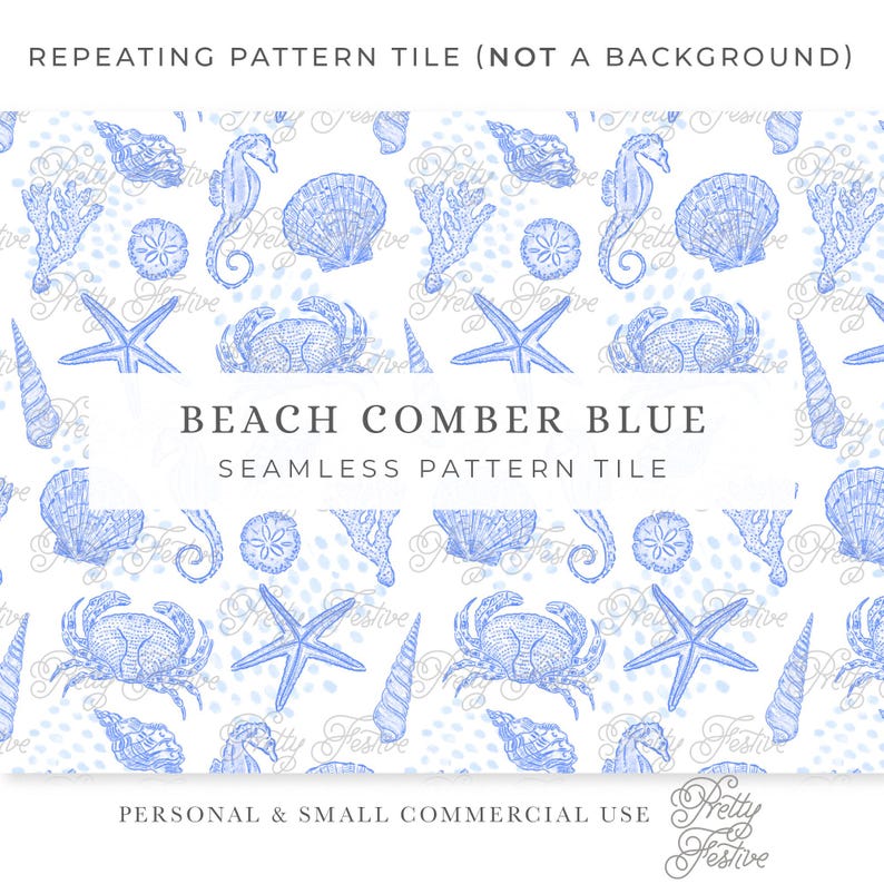 Blue Repeating Patterns Shell Coastal Blue Seashells Beach Seamless Repeating Pattern, Hand Drawn ...
