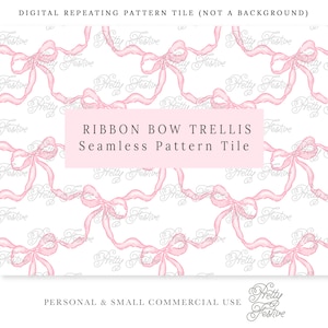 Peut inclure: Un motif de tuile sans couture avec des nœuds de ruban rose sur un fond blanc. Le texte "Pretty Festive" est répété dans tout le motif.