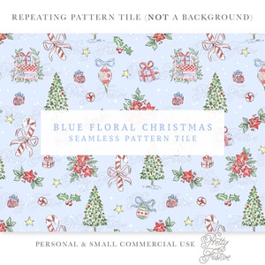 Christmas Watercolor Seamless Pattern Blue, Tree, Candy, Poinsettia, Presents Gifts, Preppy Traditional  Fabric Print, Grand Millennial 144