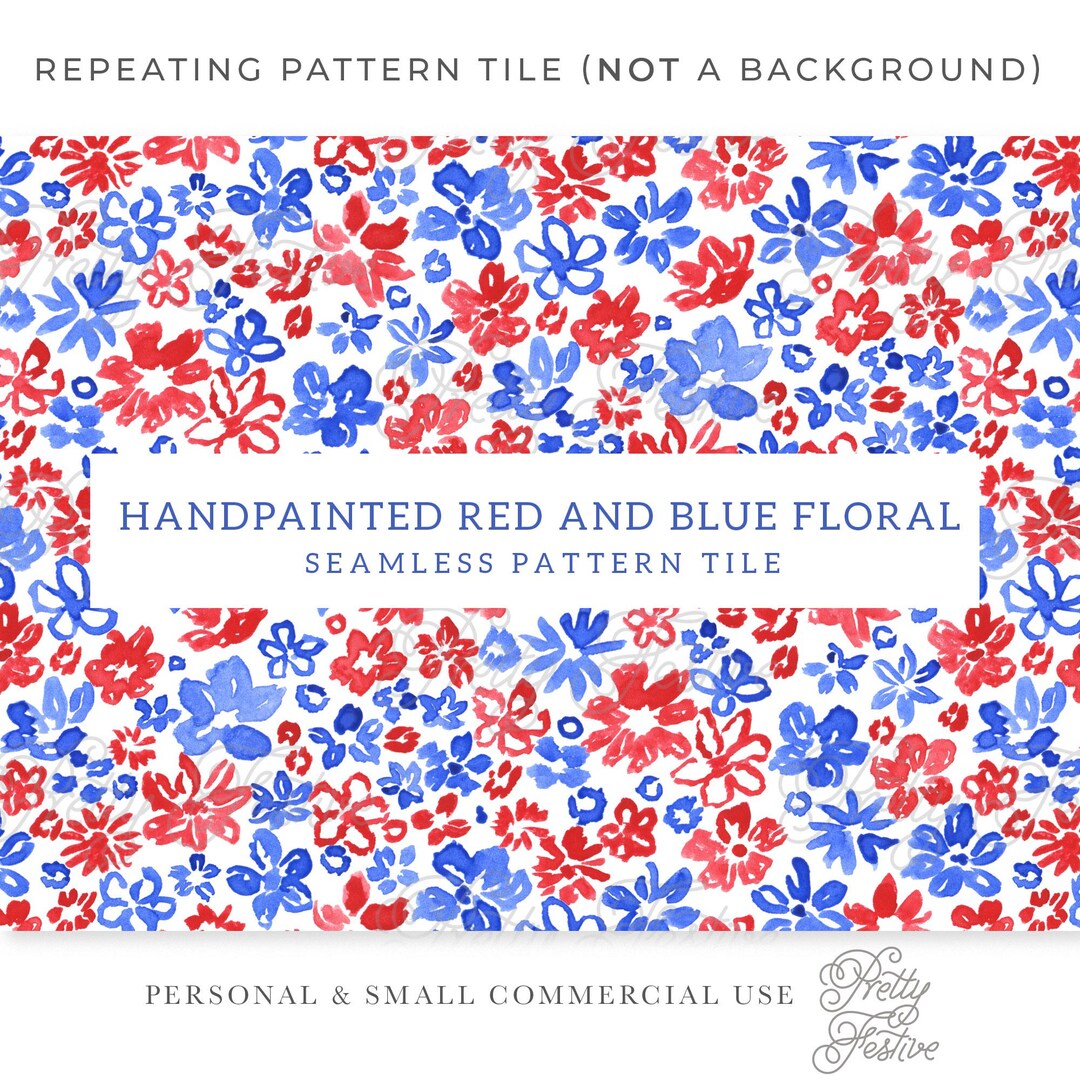 Patriotic Red White & Blue Floral Seamless Repeating Pattern Tile, Hand ...