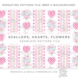 Può includere: Un motivo ripetuto con cuori rosa a quadretti, mazzi di fiori blu e bordi smerlati rosa su sfondo bianco. Il testo recita "Scallops, Hearts, Flowers, Seamless Pattern Tile."