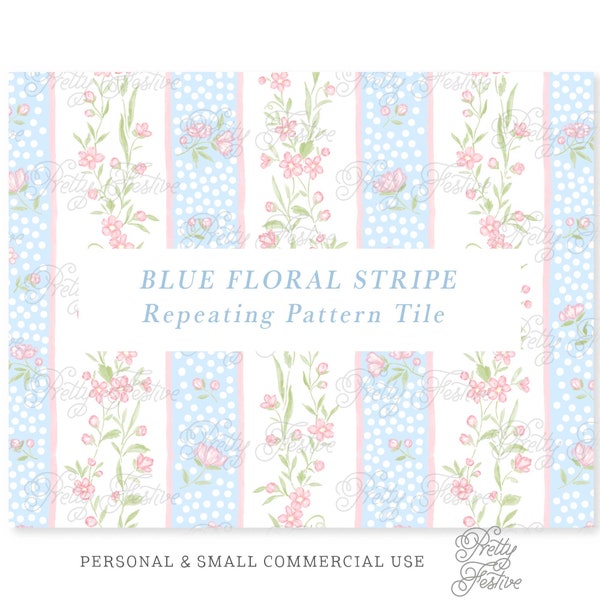 Pink & Blue Stripe Watercolor Climbing Floral Repeating Seamless Pattern, Wildflower Roses Block Print Pattern, Grandmillennial Preppy 120