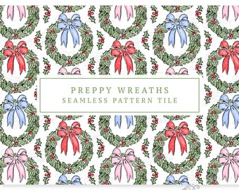 Blue Christmas Preppy Repeating Pattern, Christmas Cottage, Snowman, Wreath, Stocking, Gifts Seamless, Fabric Print Grandmillennial 139