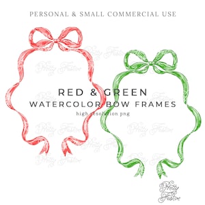 Red & Green Bow Frames Watercolor Clipart png, preppy bow border, grand millennial ribbon bow crest, Christmas Holiday photo cards 159