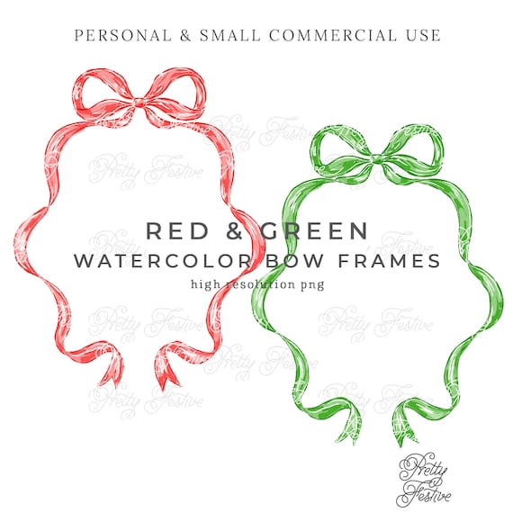 Red & Green Bow Frames Watercolor Clipart png, preppy bow border, grand millennial ribbon bow crest, Christmas Holiday photo cards 159