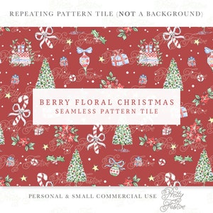 Christmas Watercolor Seamless Pattern in Berry Red, Illustrated Xmas Tree & Gifts, Candy, Florals Preppy Fabric Print, Grand Millennial 144
