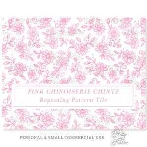 Floral Pink Chinoiserie Chintz Block Print Seamless Repeating Pattern, Preppy Grand Millennial Christmas Winter Toile Print 138