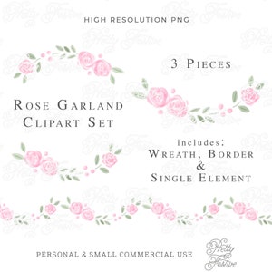 Watercolor Pink Rose Garland Wreath & Border Clipart Set, Roses Swag Floral Frame png design, Preppy Monogram, Grandmillenial Wreath 076