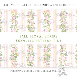 May include: A seamless pattern tile featuring a repeating design of pink and yellow flowers with green leaves on a white background with pink and yellow stripes. The text "Pretty Festive" is repeated throughout the design.