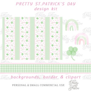 St Patricks Days Watercolor Grandmillennial 7x5 background and clipart, pink & green shamrock png design, preppy st pat&#39;s clipart 121