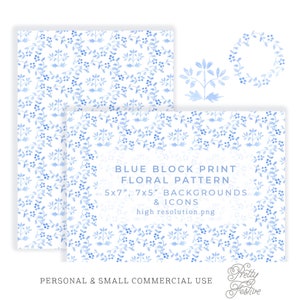 Chinoiserie Blue Block Print 7x5, watercolor blue & white printable wreath digital background pattern, Preppy Grandmillenial style 094