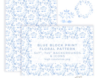 Chinoiserie Blue Block Print 7x5, watercolor blue & white printable wreath digital background pattern, Preppy Grandmillenial style 094